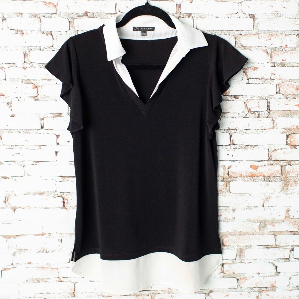 Adrianna Papell Black White Collared Flutter Sleeve Blouse Top Women’s Small